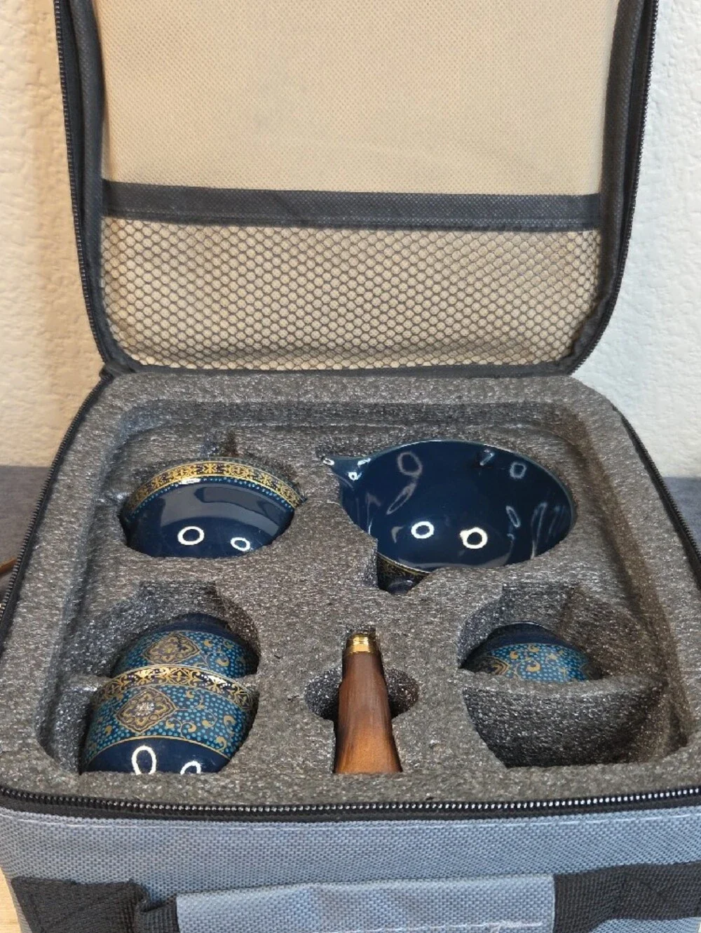 Elegant Blue and Gold Porcelain Infuser Travel Teapot Set with 3 Cups